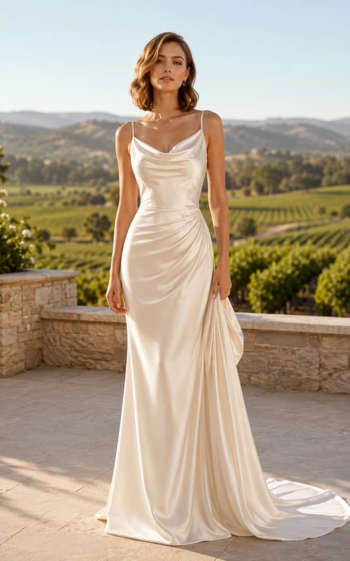 Robe de mariée fourreau en satin à col bénitier simple, idéale pour un mariage dans un vignoble