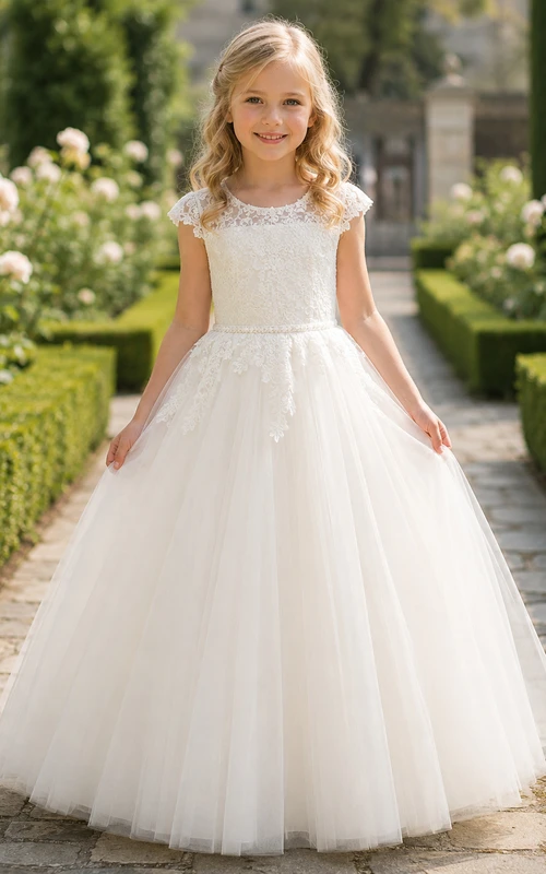 Flower Girl Dress Ivory Lace Tulle A-Line Jewel Neck Tea Length
