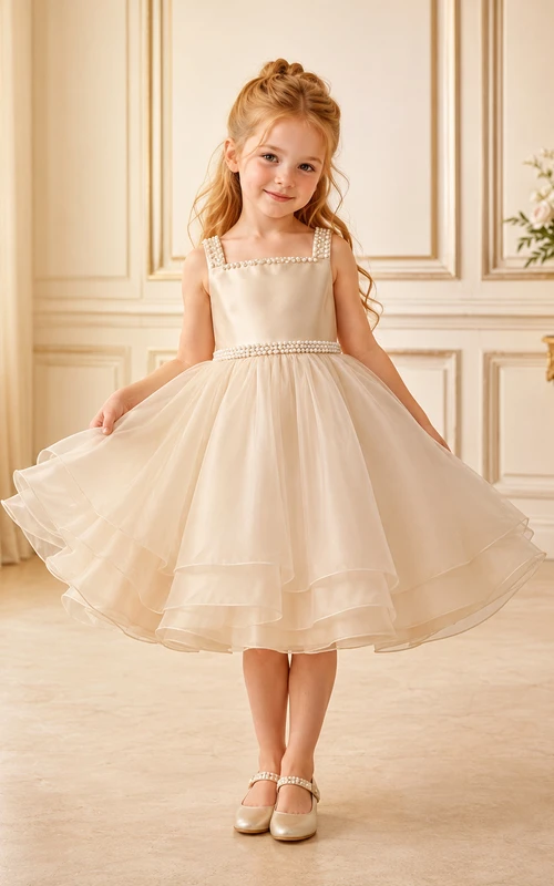Robe de demoiselle d'honneur élégante, coupe trapèze, bretelles spaghetti en tulle superposé, longueur thé.