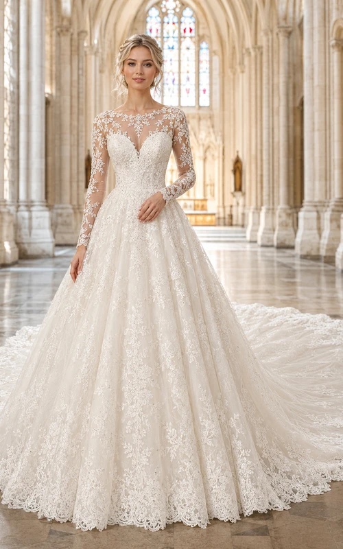Vestido de novia de encaje y tul, estilo princesa, escote corazón, sin mangas, cola de capilla, con apliques.