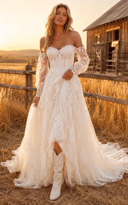 Robe de mariée champêtre en tulle et dentelle, coupe trapèze, épaules dénudées, manches longues, traîne chapelle, dos corset lacé fendu