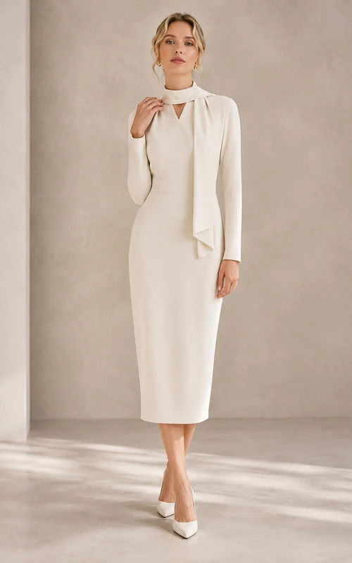 Robe cocktail ivoire en jersey, fourreau, col montant, manches longues drapées, longueur midi