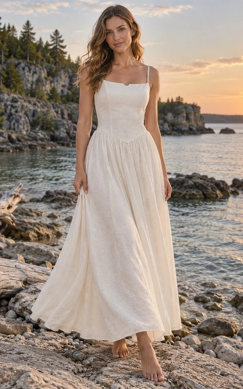 Simple Square Neck Linen Blend Wedding Dress with Fine Straps and Dropped A-Line Waist