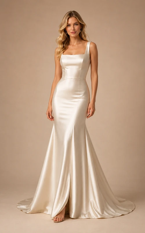 Robe de soirée sirène en satin ivoire, col carré, sans manches, traîne.