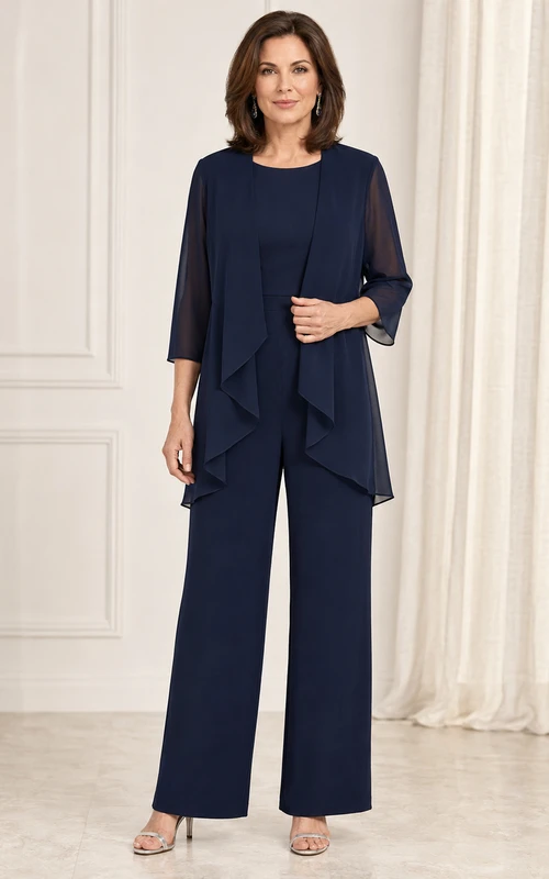 Dark Navy Mother Pantsuit with Sheer Sleeve Chiffon Jacket and Wide Leg Pants