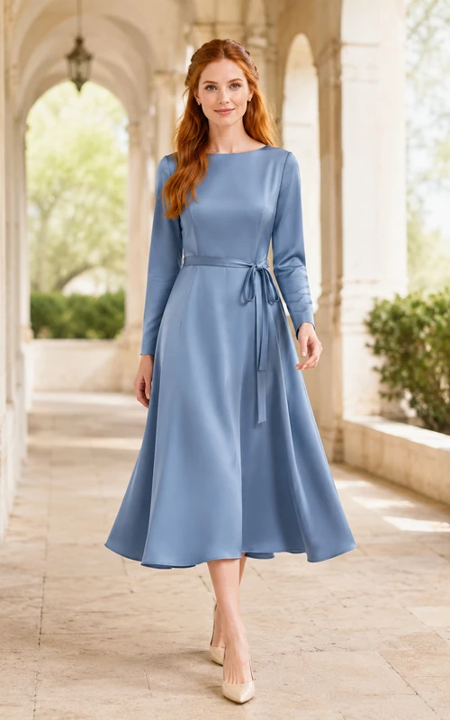 Robe midi bleu poudré à manches longues et taille nouée pour l'église