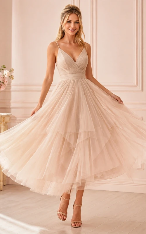 Romantic Peach Cowl Neck Straps Sleeveless Tulle A-Line Tea-length Dress
