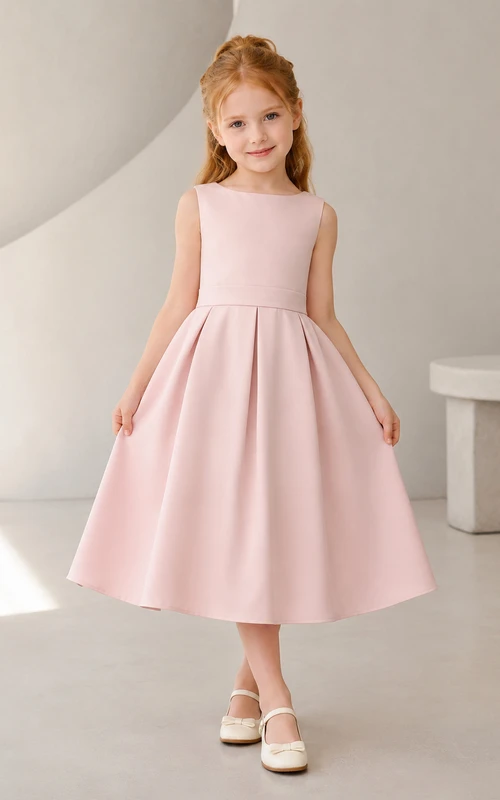 Blumenmädchenkleid aus elfenbeinfarbenem Satin, A-Linie, Rundhalsausschnitt, Teelänge, Schleifendetail