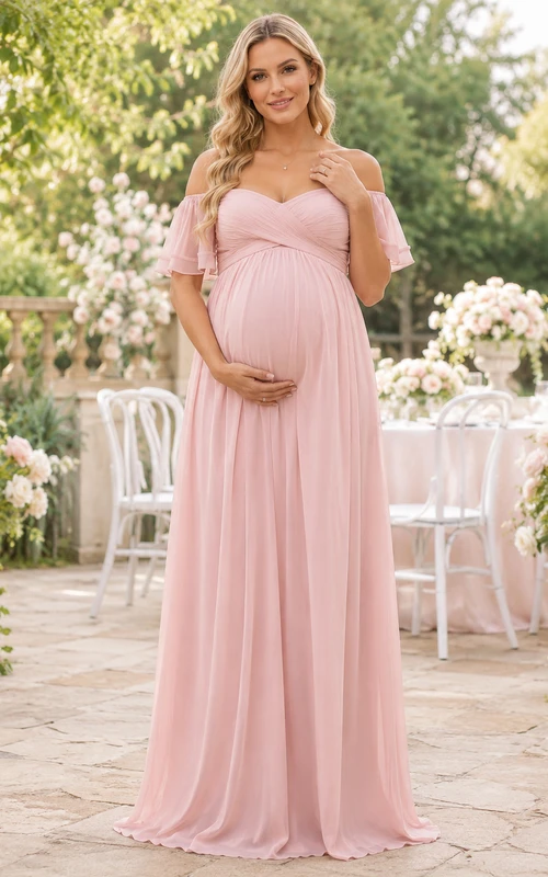 Vestido de baby shower largo hasta el suelo de gasa con hombros descubiertos, color rosa rubor, para el tercer trimestre de maternidad.