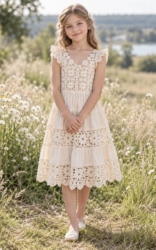 Boho Vintage Tea-length Cream V-neck Ruffle Strap Tiered Lace Flower Girl Dress