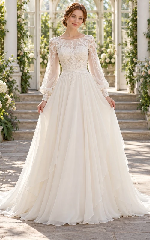 Modest Bateau Neck Long Poet Sleeve Chiffon Lace Wedding Dress