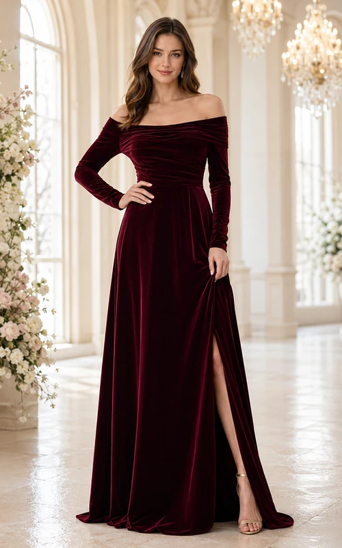 Burgundy Velvet Long Sleeve Winter Wedding Gown
