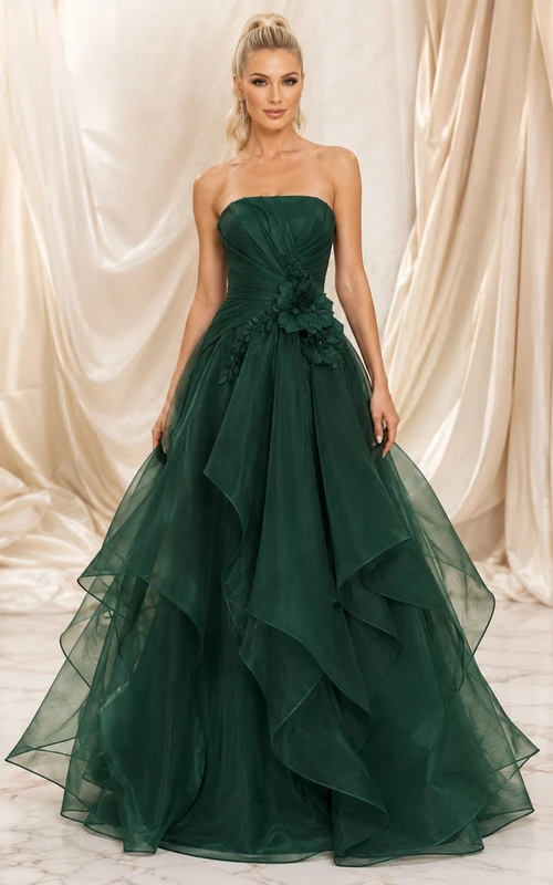 Dark Green Strapless Organza Ball Gown Floor-Length Cascading Formal Dress