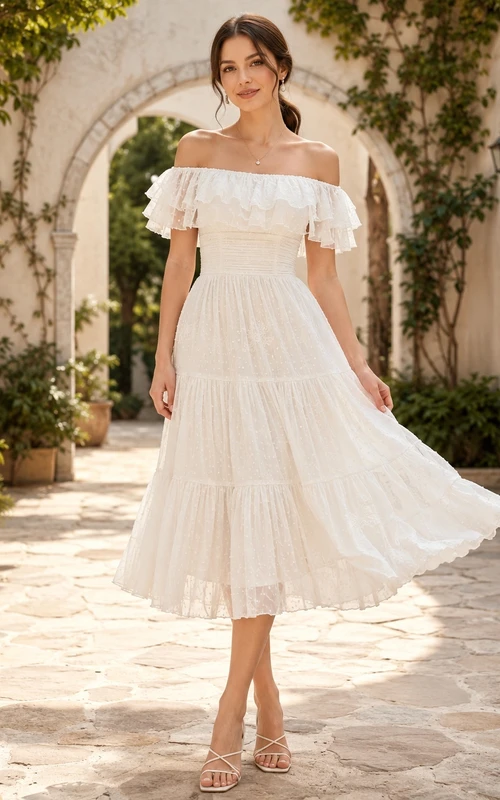 Vestido casual formal blanco de corte A, largo midi, con volantes y escote Bardot.