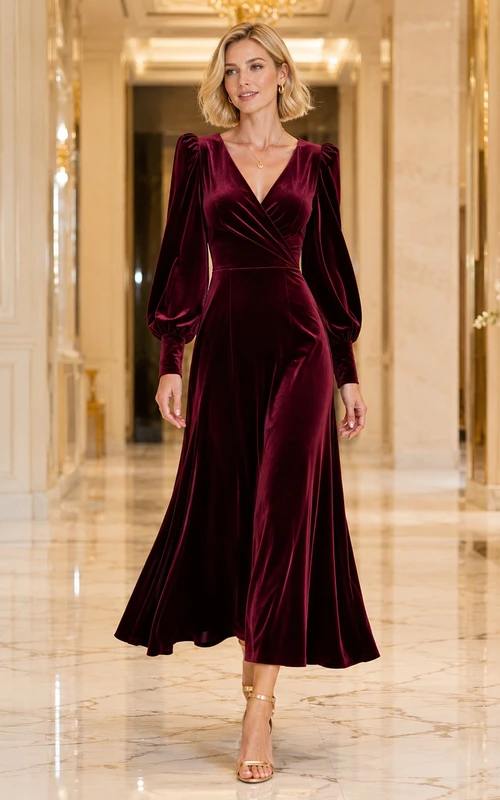 Vestido de invitada de terciopelo burdeos con escote en V, mangas estilo poeta y corte en A hasta el tobillo