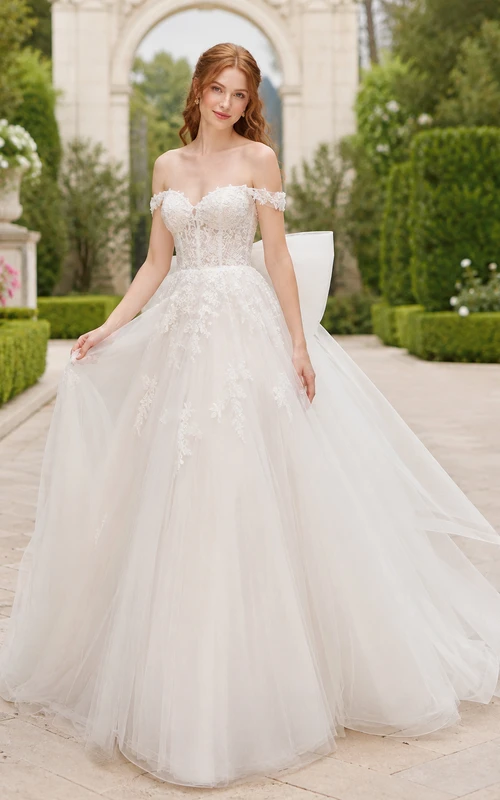 Tulle Wedding Dress Ball Gown Off Shoulder Sweep Train Ruffle Detail Low V Back Bridal Gown
