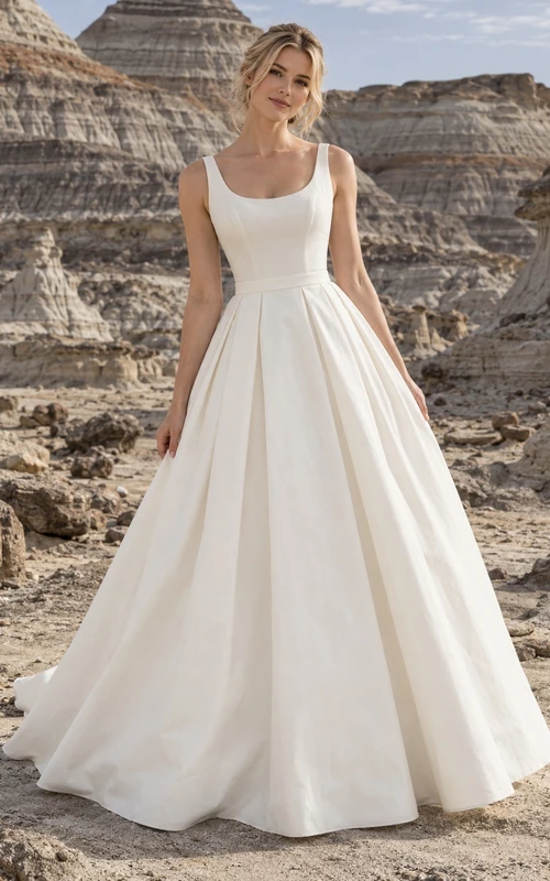 Vestido de novia vintage sencillo de corte A, sin mangas, de popelina tejida plisada, con escote redondo y sin mangas.