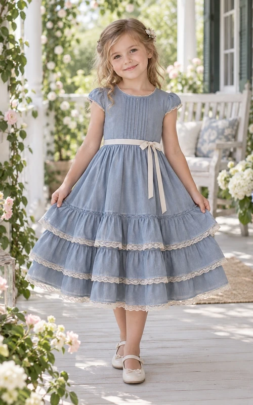 Vestido de niña de flores azul vintage de corte A, largo hasta la rodilla, con mangas cortas, pliegues y volantes con borde de encaje.