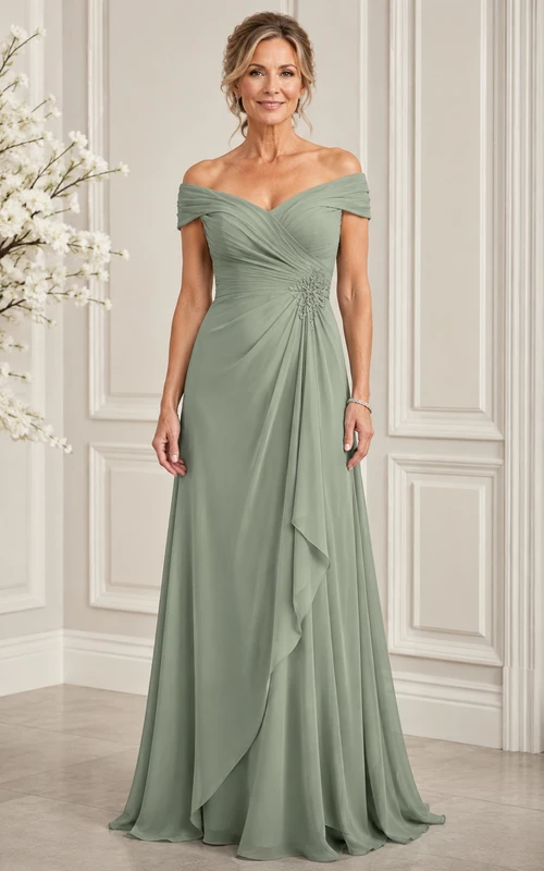 Vestido de gasa de corte A con hombros descubiertos para madres, color verde salvia.