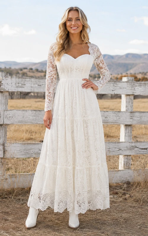Robe de mariée champêtre rustique à manches longues en dentelle à volants et décolleté en A, style western