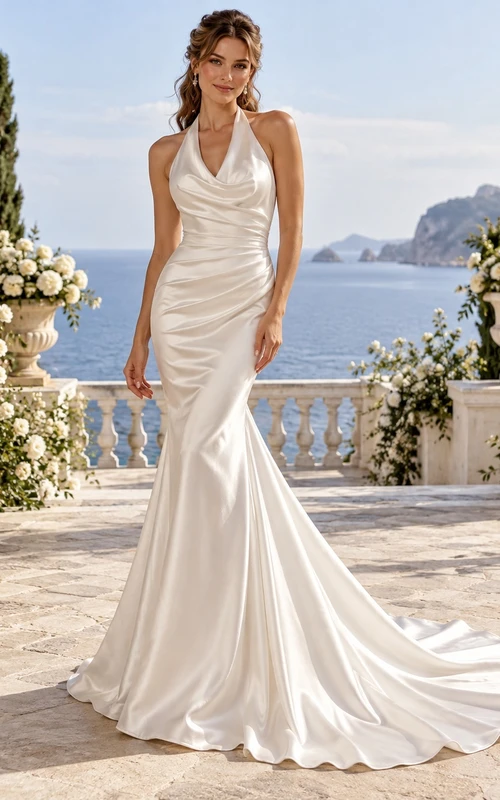 Simple Mermaid Halter Cowl Ruched Satin Backless Train Wedding Dress
