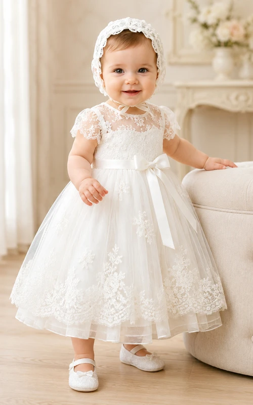 Baby Baptism Christening Ceremony Dress A-Line Tea-Length Jewel Neck Cap Sleeve Tulle Lace Bow Back Scalloped Hem
