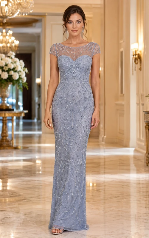 Vestido de gala azul cielo con escote barco, mangas cortas y detalles de cuentas.