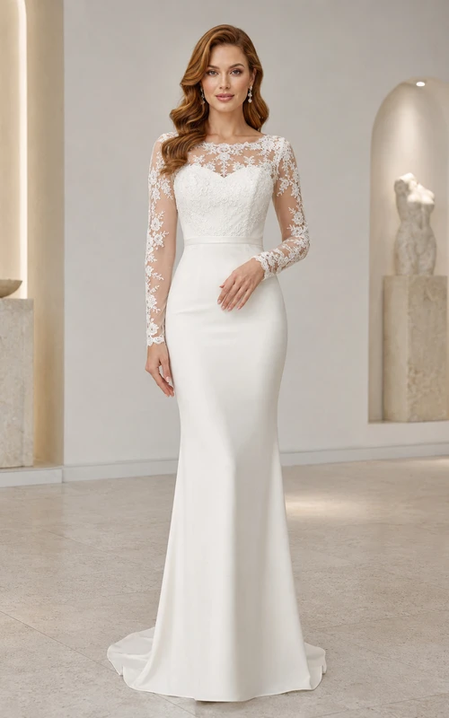 Robe de mariée sirène à manches longues en dentelle illusion bateau, style modeste, style court