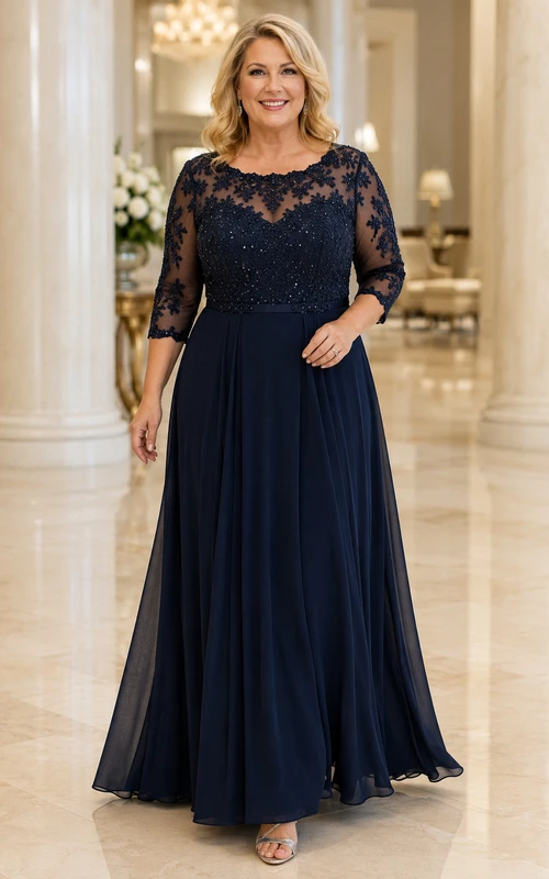 MOB-Kleid Dunkelblauer Chiffon-Spitzen-A-Linien-Kleid mit 3/4-Ärmeln, U-Boot-Ausschnitt, bodenlang