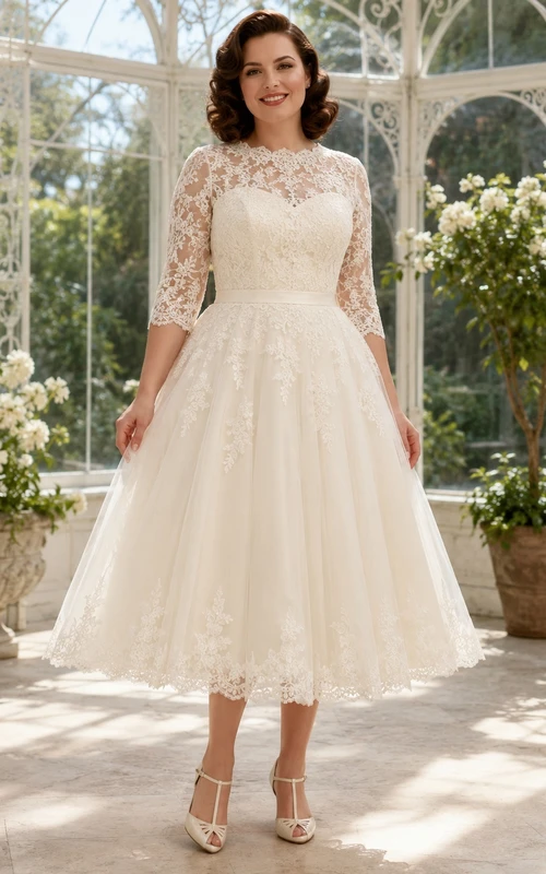 Vintage-Brautkleid aus den 1950er Jahren: Teelänge, mit Schmucksteinen, Dreiviertelärmeln, A-Linie und Spitze, schlicht und elegant.