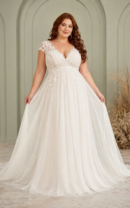 Plus Size Lace Bodice Flowy Studio Wedding Dress