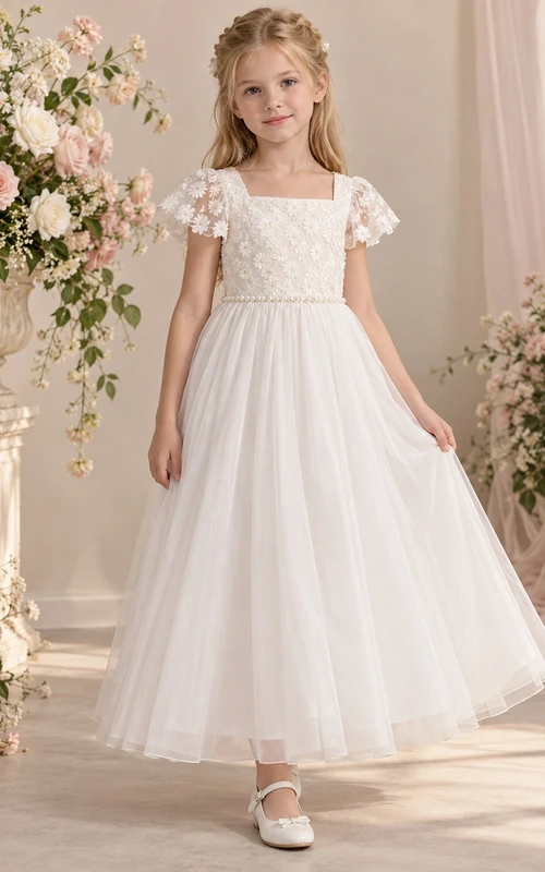 Vestido de niña de flores blanco de corte A con escote cuadrado, estampado floral, mangas acampanadas y largo hasta los tobillos.