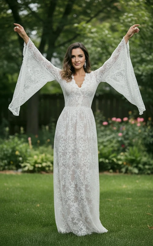 Spitzenkleid im Stil der 70er Jahre mit Glockenärmeln
