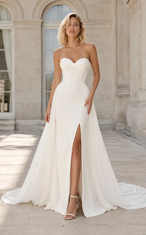 Robe de mariée classique en mousseline, bustier cœur, coupe trapèze, traîne chapelle, fendue sur le devant et dos nu