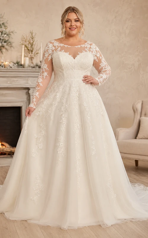 Robe de mariée trapèze grande taille à manches en dentelle illusion, manches A, hiver