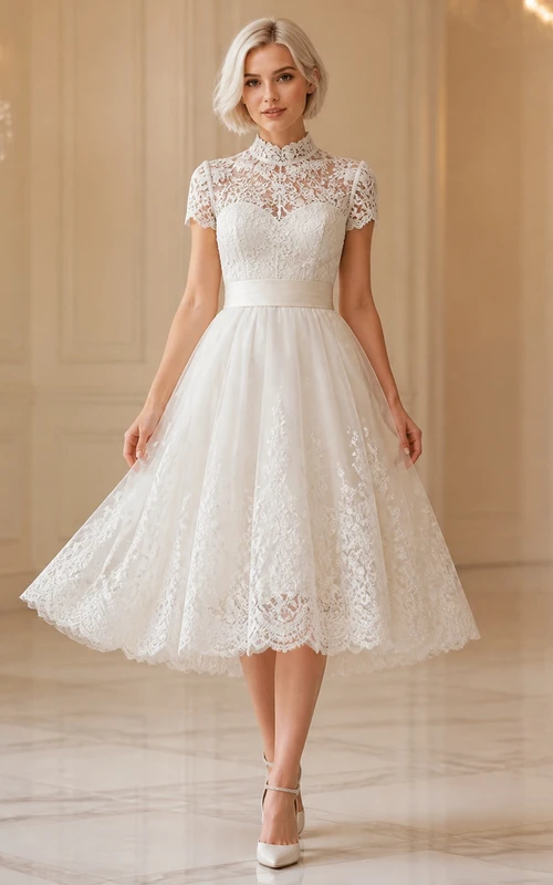 Vintage Tea-length Modest Mother High Neck Cap Sleeve Tulle Dress