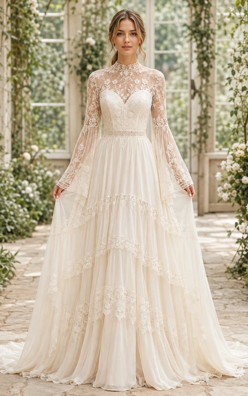 Vestido de novia bohemio de encaje con escote cuadrado, mangas tres cuartos y corte en A con volantes.