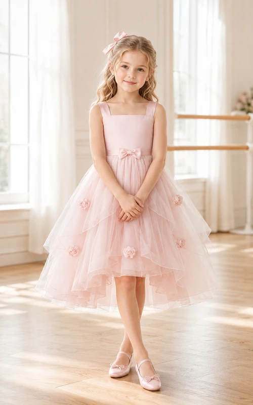 Pearl Pink Square Neck High-Low A-Line Flower Girl Dress with Satin Bow, Rosette Appliques and Layered Tulle