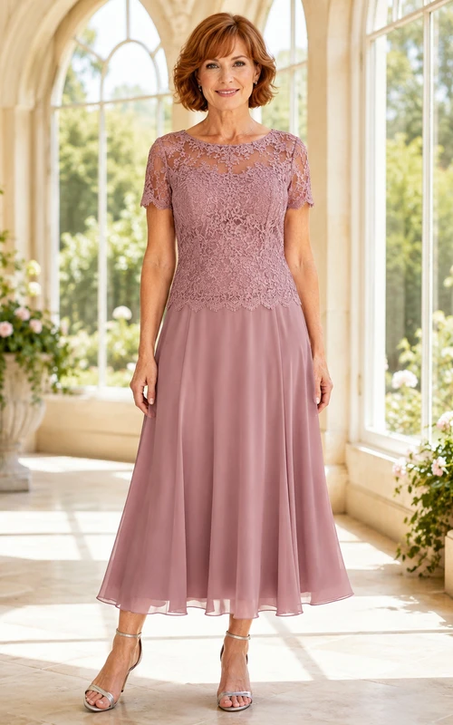 Romantisches zweiteiliges Kleid in Altrosa mit kurzen Ärmeln, floraler Spitze und A-Linien-Schnitt – perfekt für die Mutter der Braut