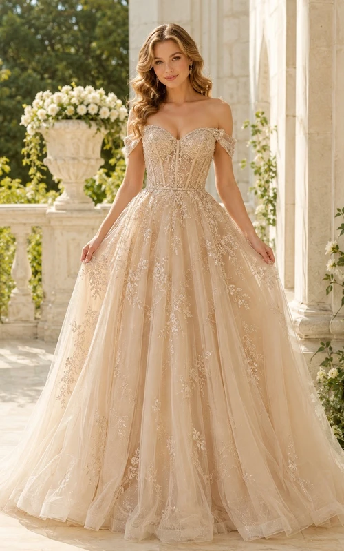 Champagne Illusion Short Sleeve Beading Tulle Ball Gown Floor-length Romantic Luxury Dress