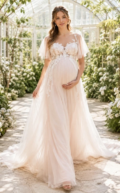 Vestido de novia romántico premamá con escote en V, mangas cortas y encaje floral estilo imperio