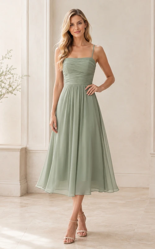 Schlichtes, cremefarbenes, quadratisches Spaghetti-Faltenkleid aus Chiffon in A-Linie mit Teelänge für Brautjungfern