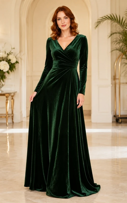 Modest Dark Green Long Sleeve V-Neck Velvet A-Line Floor-Length Evening Gown