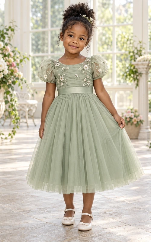 Teelanges, salbeigrünes A-Linien-Kleid aus floralem Tüll mit Puffärmeln, Schärpe und Raffungen für Blumenmädchen