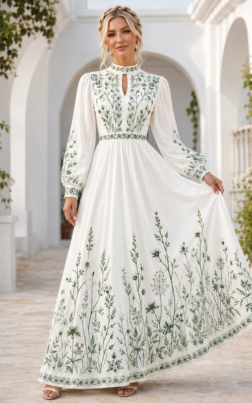 Modest White Green Floral High Neck Long Puff Sleeve Satin A-Line Floor-Length Guest Dress