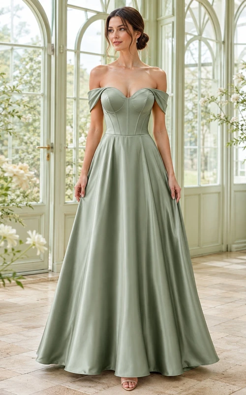 Sage Satin Off-the-shoulder Short Sleeve A-Line Floor-length Elegant Modern Romantic Evening Formal Dress