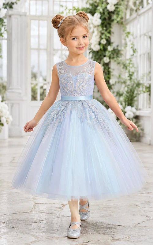 Sky Blue Illusion Neck A-Line Flower Girl Dress with Silver Feather Embroidery and Shimmering Tea-Length Tulle Skirt