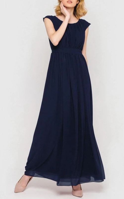 Vestido largo de gasa plisado con escote redondo, mangas cortas y corte en A, con vendaje.