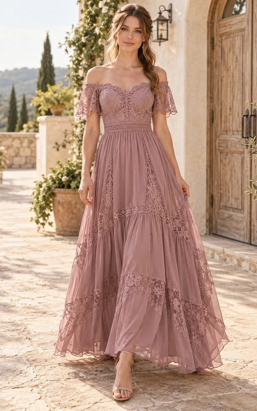 Vestido de dama de honor de gasa con encaje, capas y estilo bohemio, color malva, hombros descubiertos y diseño asimétrico.