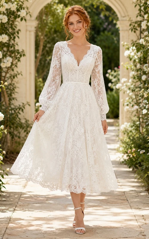 White V-Neck Long Sleeve Lace A-Line Tea-Length Engagement Guest Dress